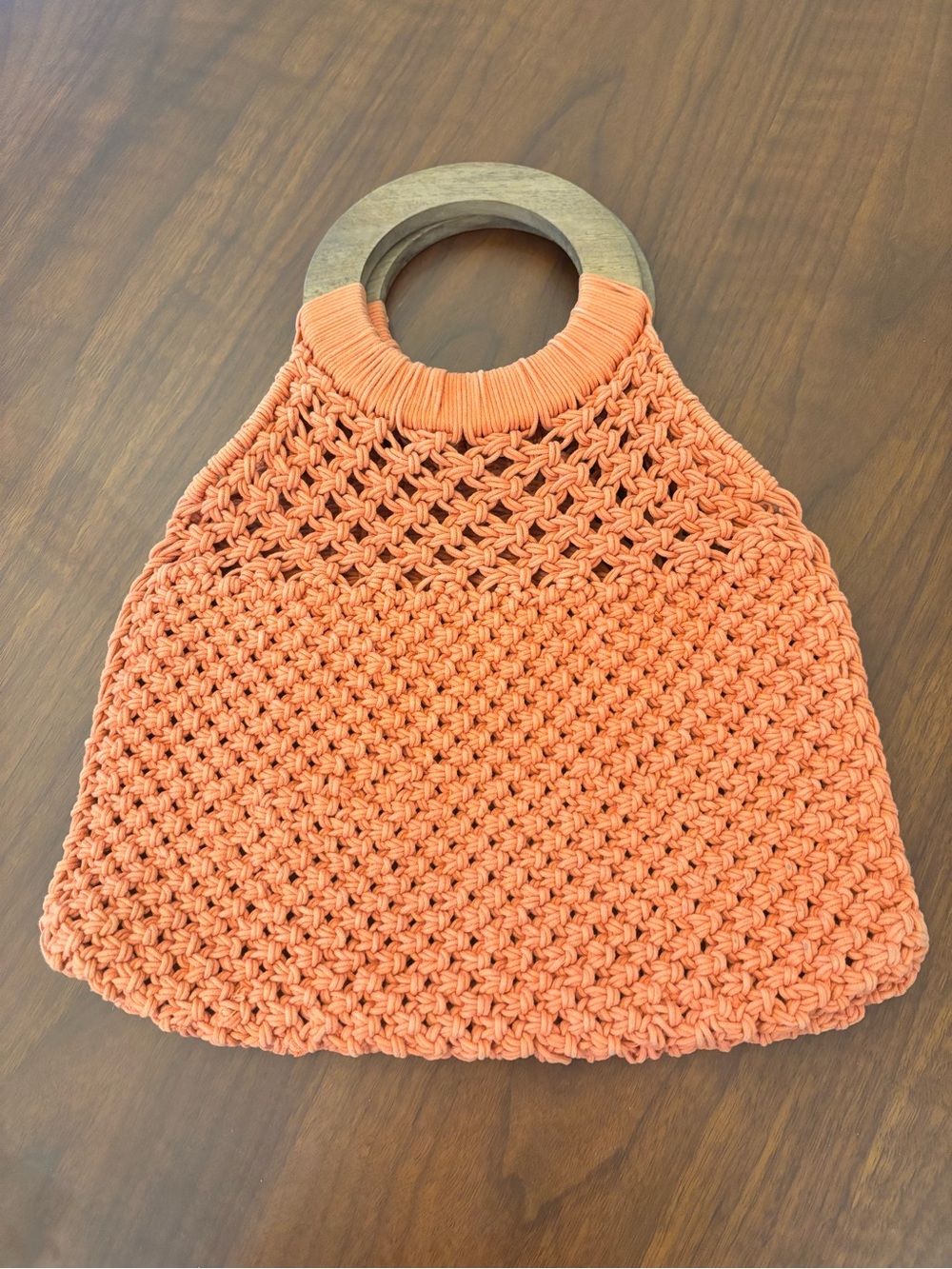 Vintage Coral Orange Crochet Macrame Handbag Wood Ring Handles Boho 70s Purse